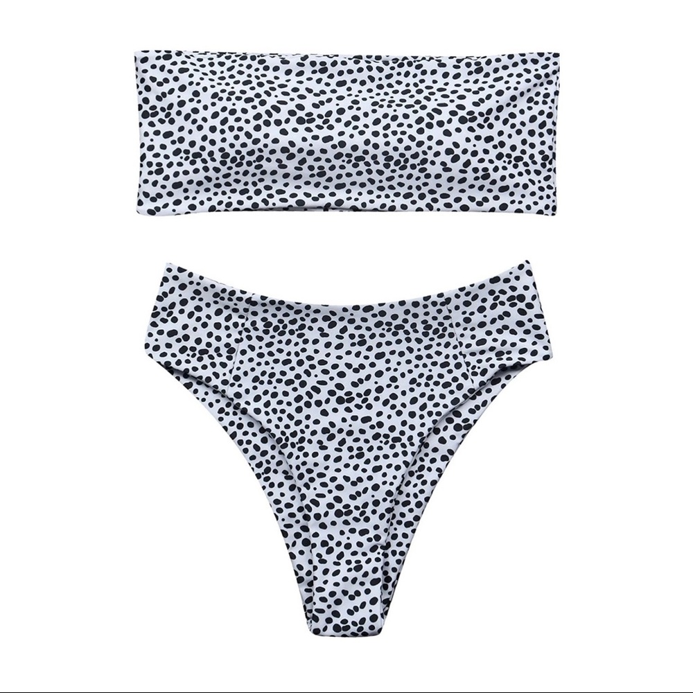 High waisted black and white polka dot cheeky strapless bikini!